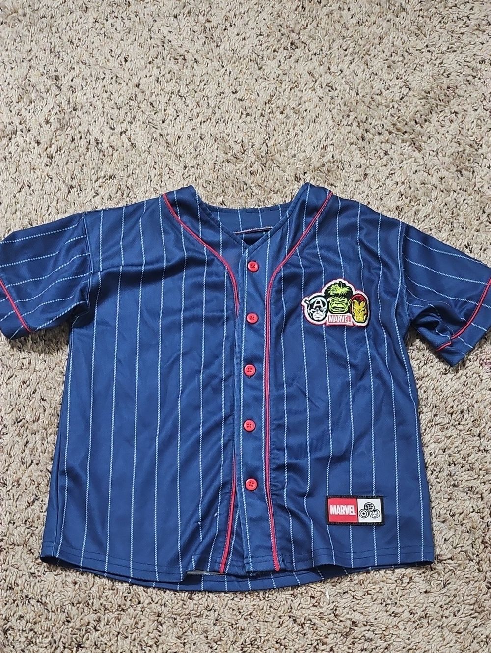 Marvel Blue Pinstripe Kids Baseball Jersey with Red Accents